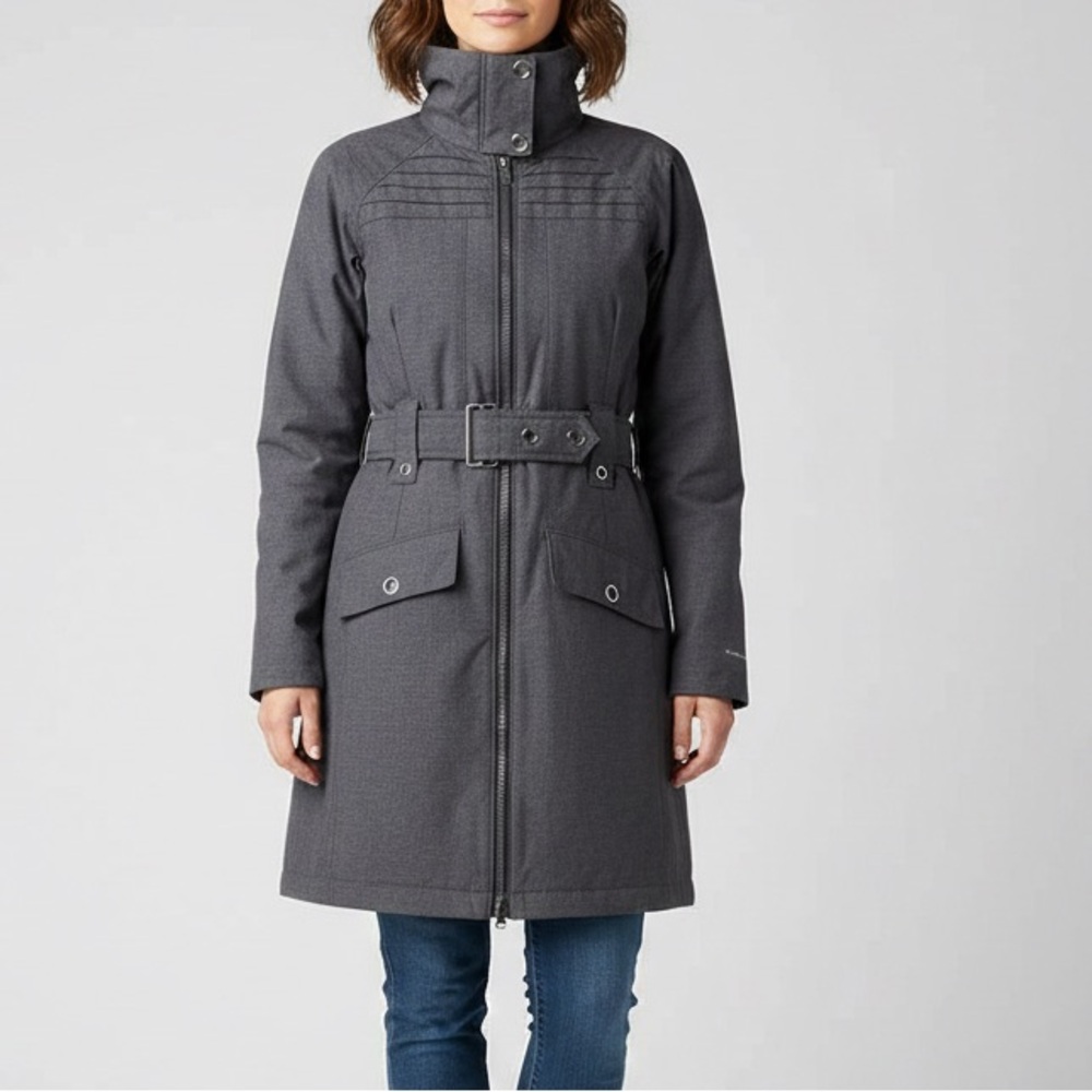 Columbia Dark Grey Sleet Street Belted Omni Shield Warm Trench Rain Jacket Sz S